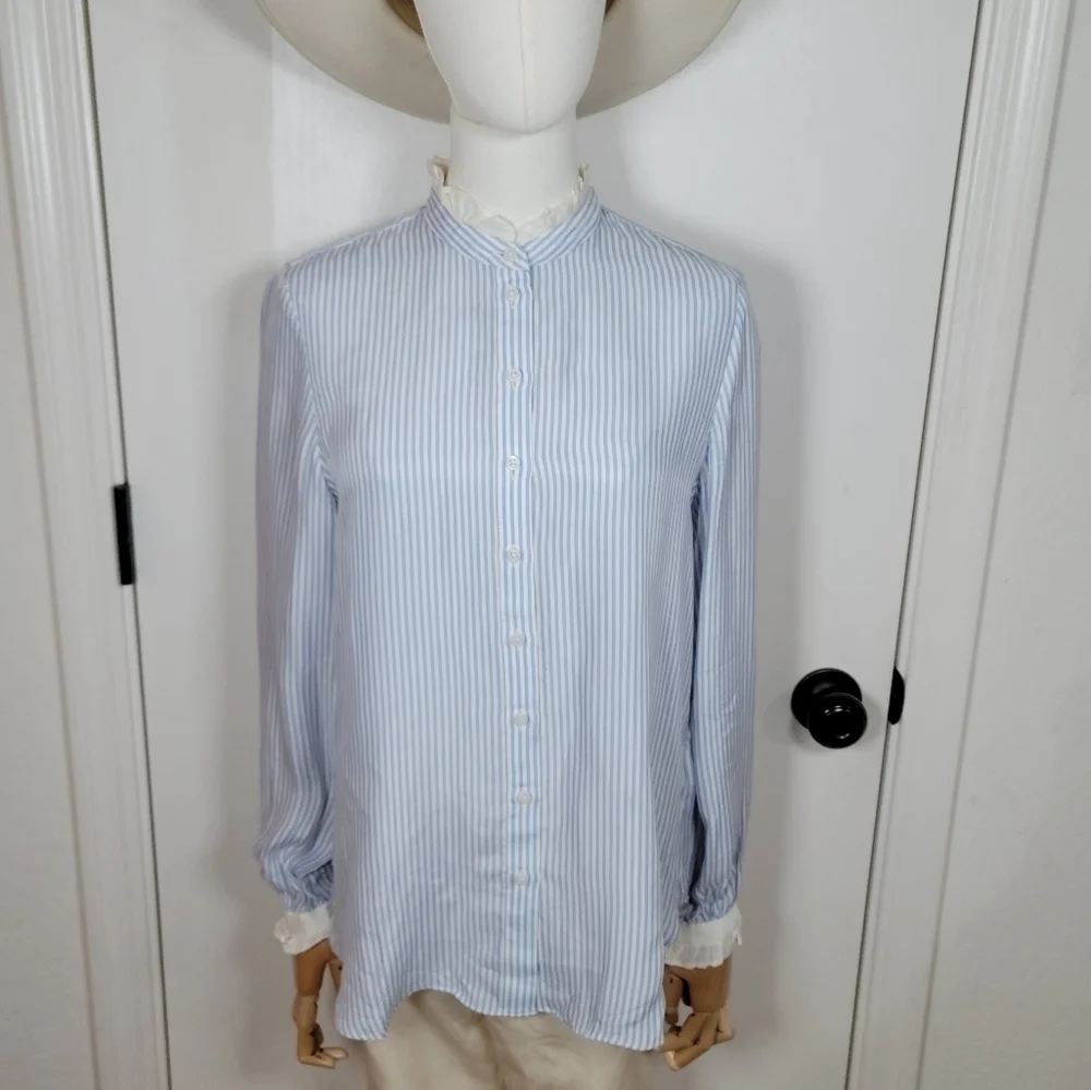 J. Crew Blue & White Striped Cupro Blend Button-Up Shirt Ruffle Trim Size Small